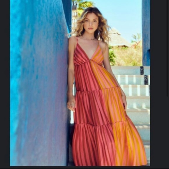 Anthropologie Farm Rio Deep-V Mixed-Stripe Bohemian Maxi Dress Size Medium - Picture 2 of 5